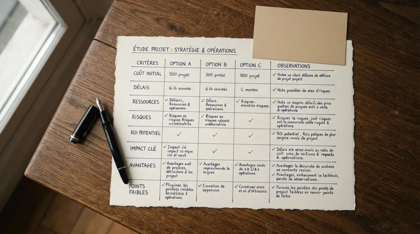 Un tableau comparatif manuscrit posé sur un bureau, avec une carte Visa en évidence, des colonnes et des notes griffonnées