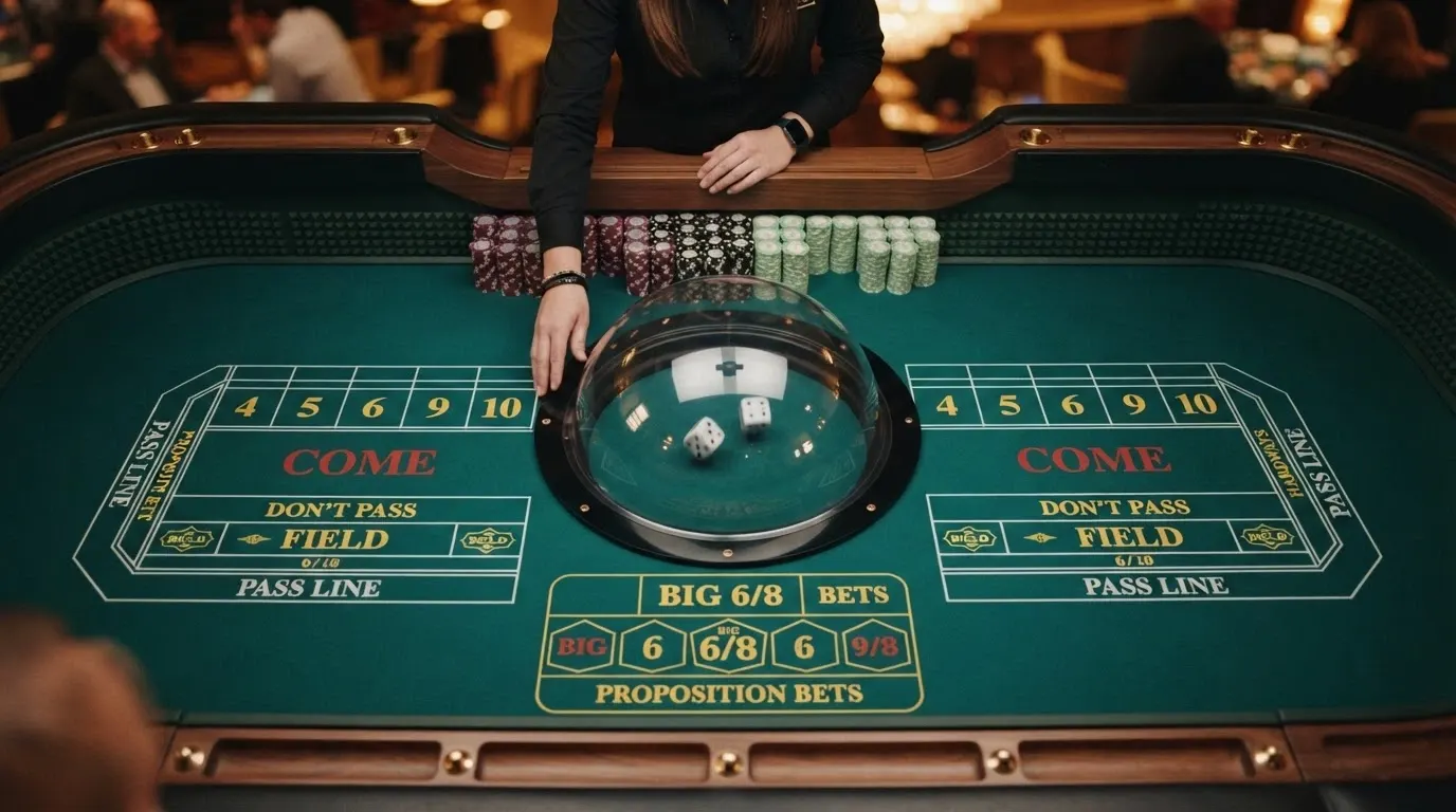 Une table de craps en direct filmée en plan large, un croupier en uniforme s'apprête à lancer les dés, l'interface de mise est visible en surimpression sur l'écran