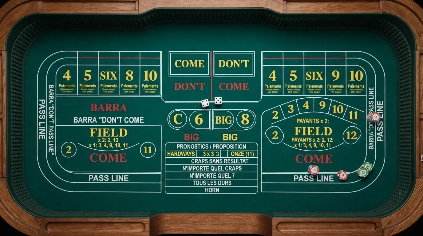 Une table de craps complète vue du dessus, montrant le layout avec les zones de pari Pass Line, Come et Field