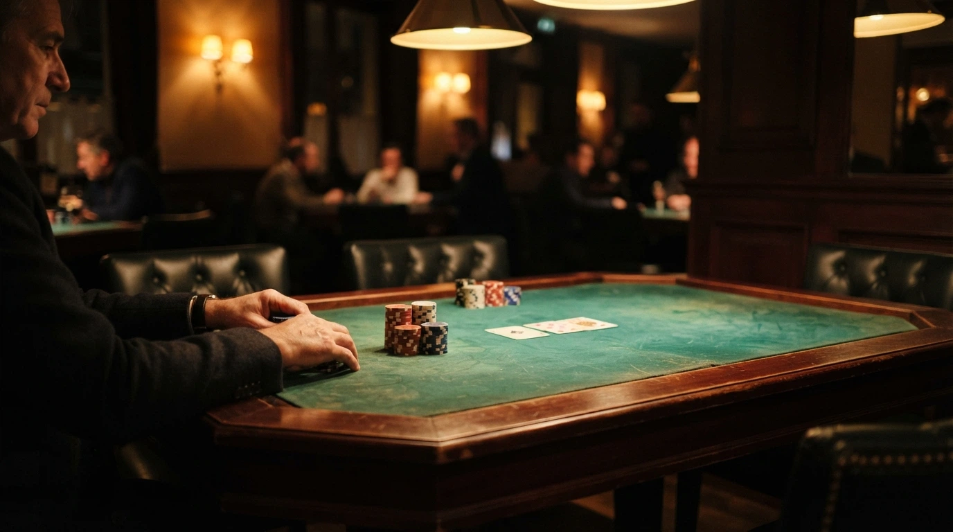 Joueurs attablés autour d'une table de poker dans un club de jeux parisien