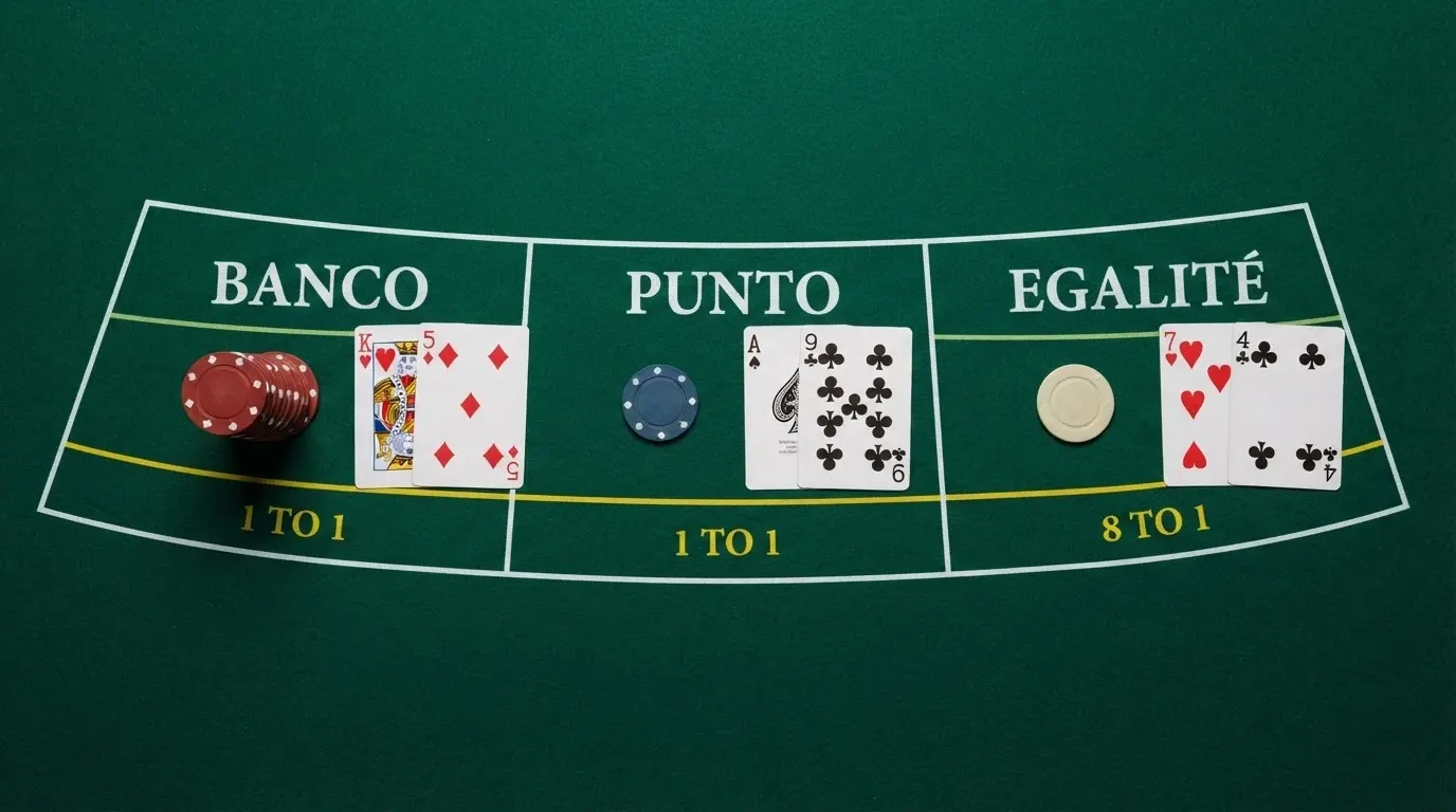 Les trois zones de mise Banco, Punto et Égalité sur le tapis d'une table de punto banco, avec des jetons positionnés