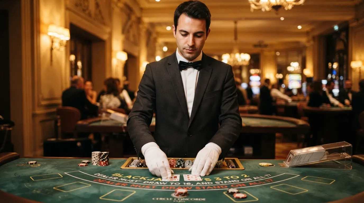 Un croupier debout derrière une table de blackjack, portant un costume sombre sans poche, un nœud papillon et des gants blancs, les mains visibles au-dessus du tapis