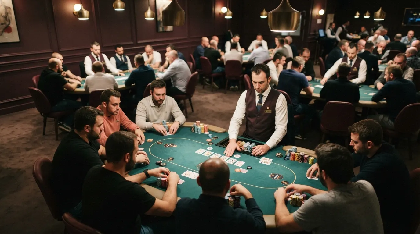 Une salle de poker d'un casino terrestre français avec plusieurs tables, des joueurs, des jetons et un croupier pendant un tournoi