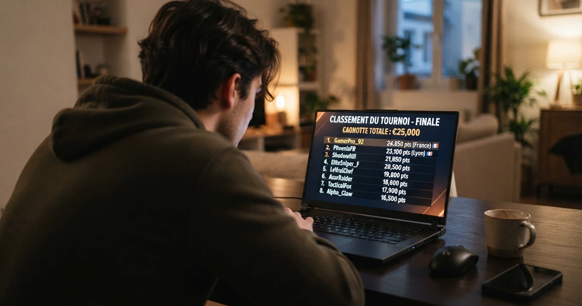 Un classement de tournoi de casino en ligne affiché sur un écran, avec des noms de joueurs, des scores et un prize pool en euros