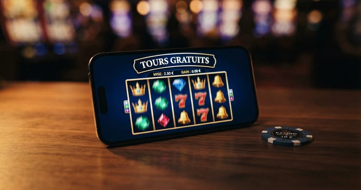 Une machine à sous en ligne colorée affichant une bannière « tours gratuits » sur un fond de casino virtuel