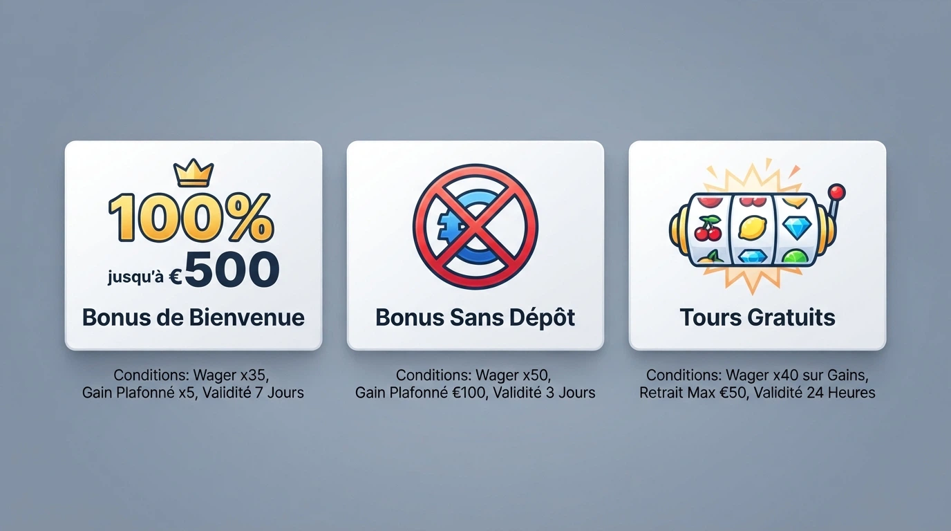 Trois captures d'écran juxtaposées montrant un bonus de bienvenue, un bonus sans dépôt et une offre de free spins, avec leurs conditions en petits caractères