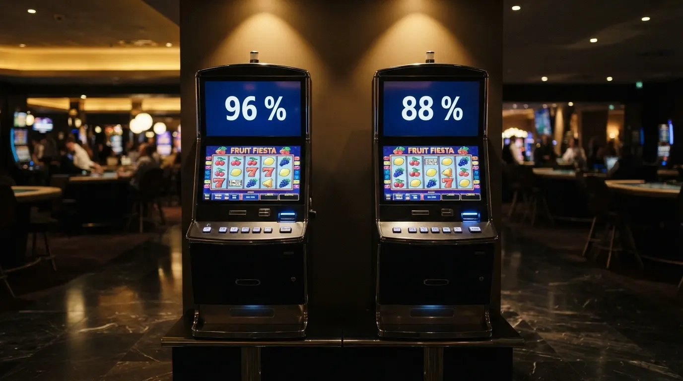Deux écrans de machine à sous affichant côte à côte des pourcentages de RTP différents pour un jeu visuellement identique, illustrant la variabilité du taux selon la version choisie.