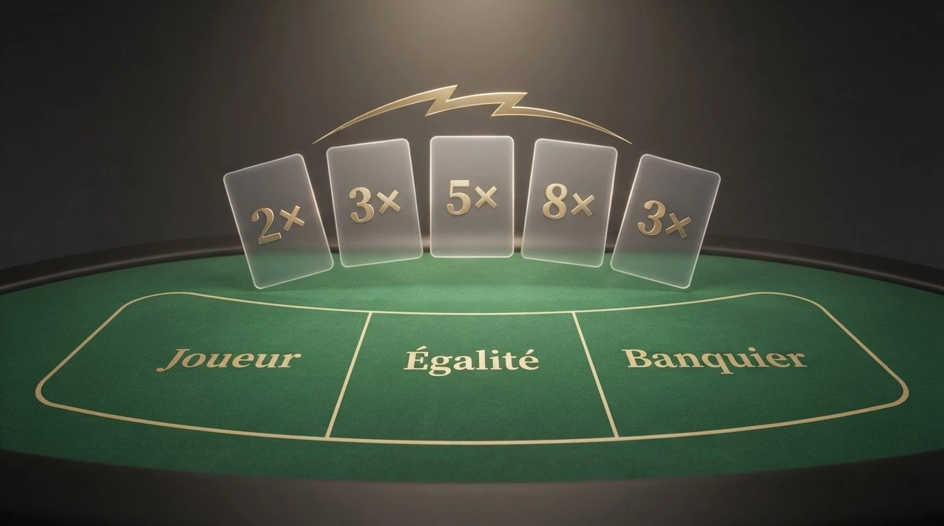 L'interface d'une table de Lightning Baccarat affichant des multiplicateurs dorés (2x, 3x, 5x, 8x) superposés aux cases de mise joueur et banquier