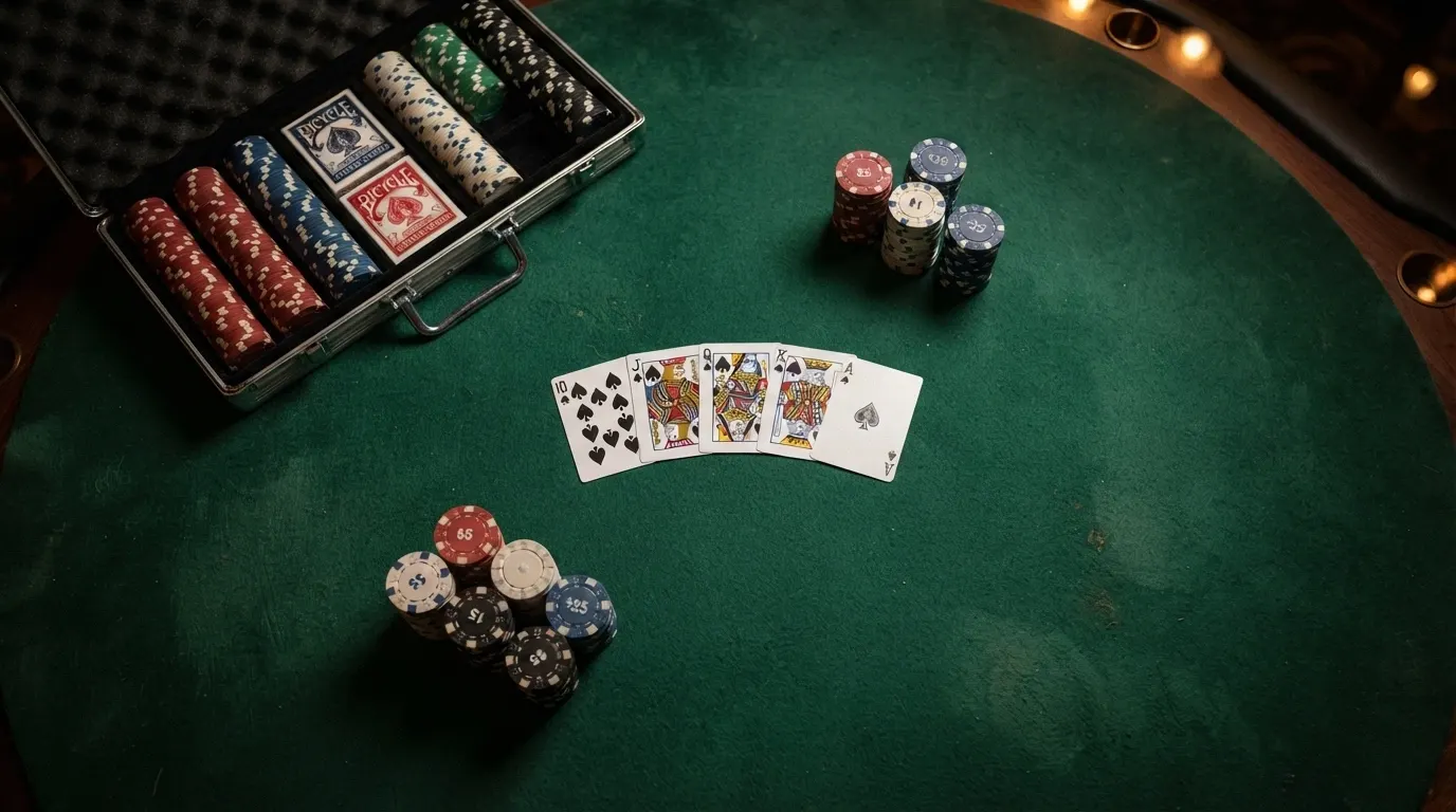 Jetons de casino empilés, cartes disposées en main de poker, tapis vert, mallette de poker ouverte