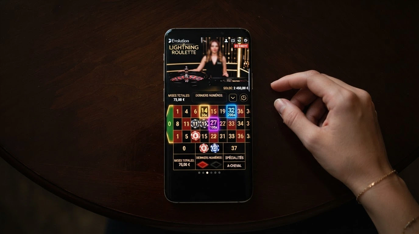 Interface d'une table de Lightning Roulette montrant les multiplicateurs colorés superposés aux numéros du tapis, avec le croupier en arrière-plan