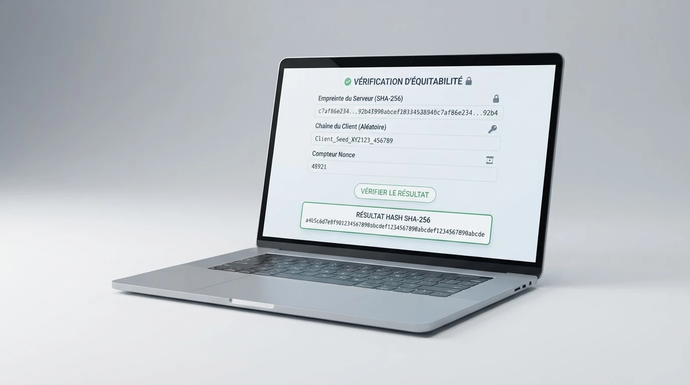 Interface de vérification d'un tour Aviator avec les seeds affichées (server seed, client seed, nonce) et le hash SHA-256 visible