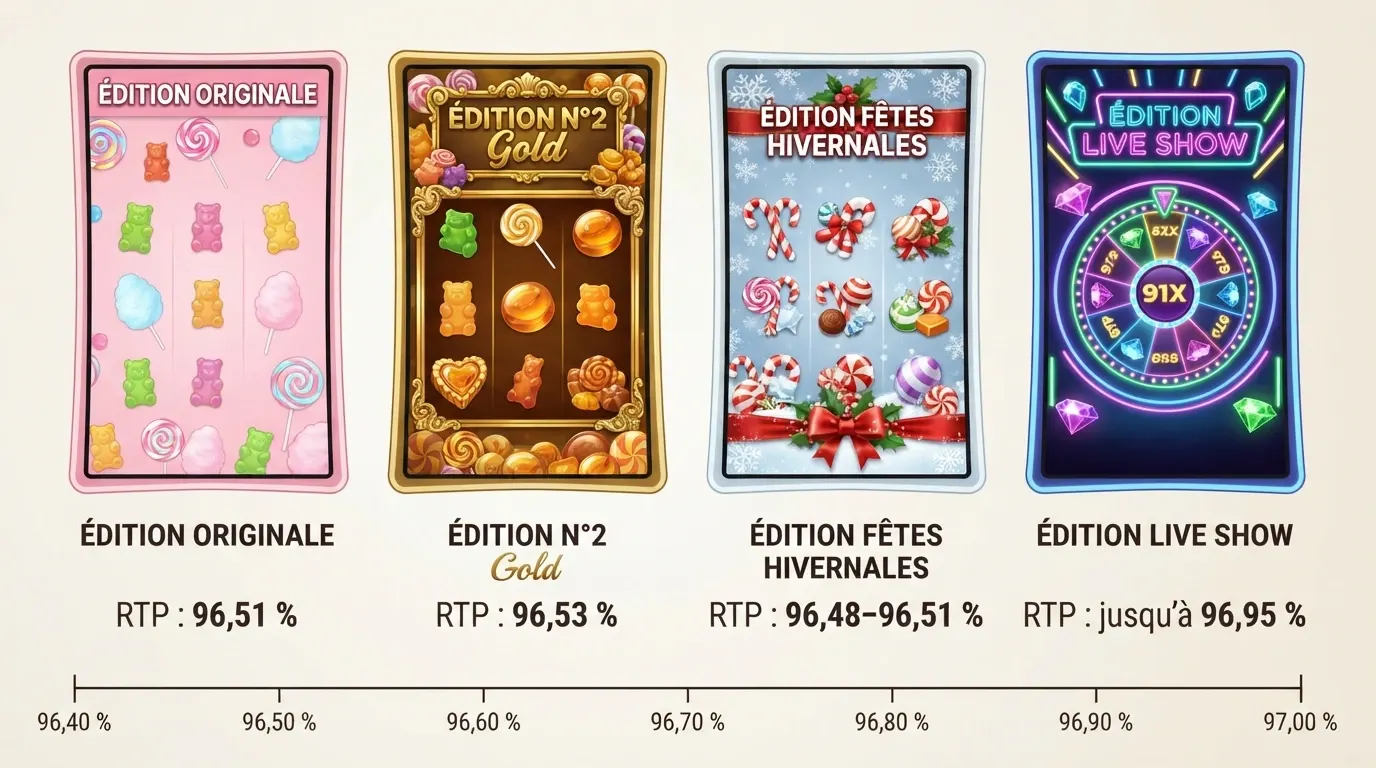 Mosaïque des différentes versions de Sweet Bonanza (original, 1000, Xmas, CandyLand) avec leurs RTP respectifs en overlay