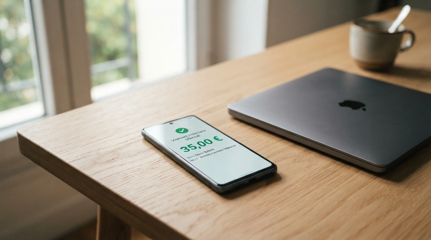 Téléphone affichant une application bancaire avec un virement instantané confirmé, à côté d'un écran de casino en ligne