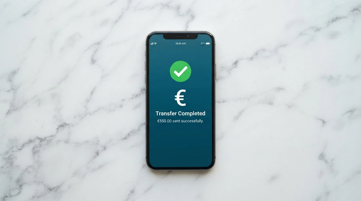 Téléphone affichant l'application N26 avec un virement SEPA instantané confirmé en quelques secondes