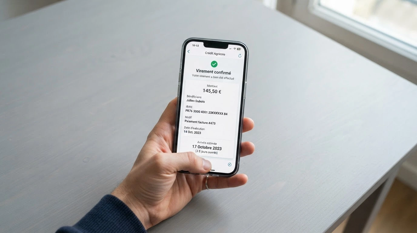 Écran d'une application bancaire affichant un virement SEPA en cours avec le montant, l'IBAN destinataire et le délai estimé