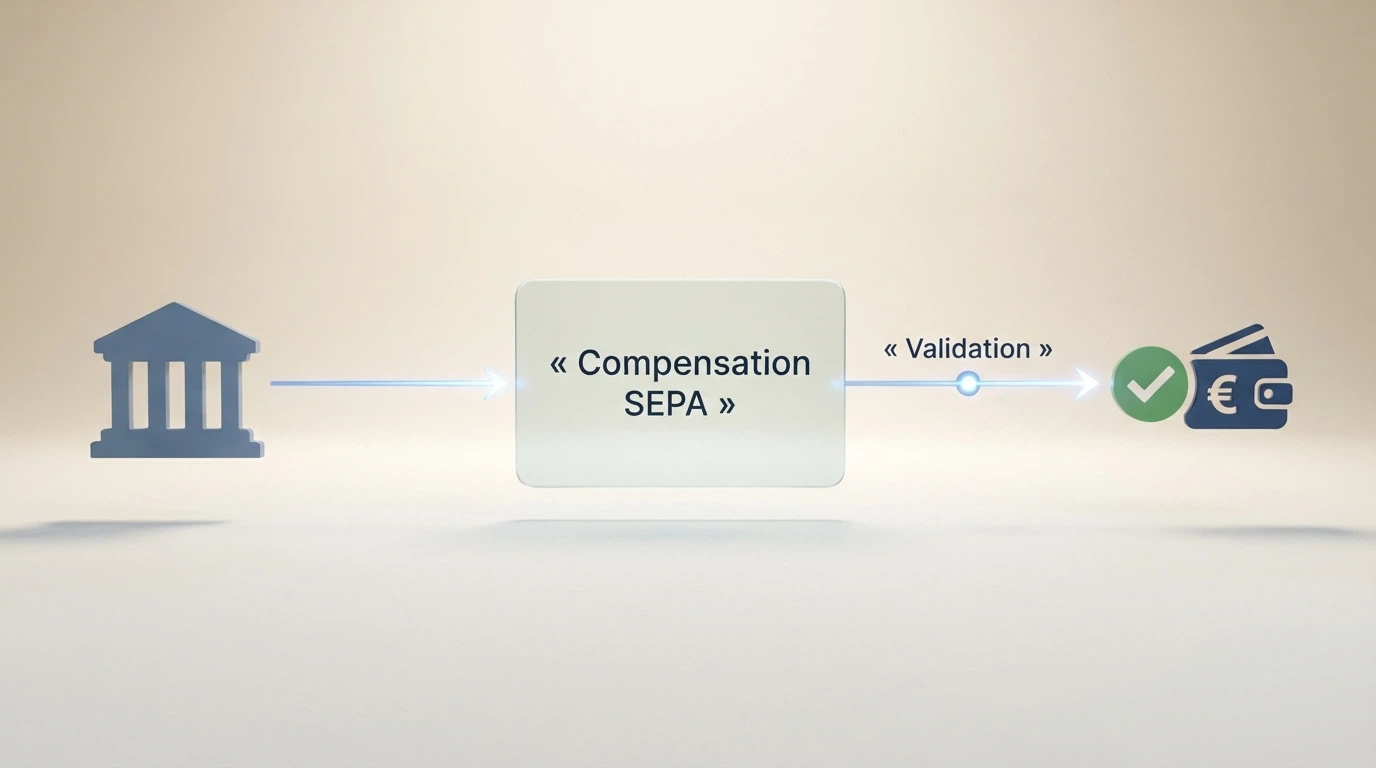 Une illustration schématique du parcours d'un virement SEPA : du compte bancaire au compte joueur, avec les étapes de compensation interbancaire et de validation par le casino.