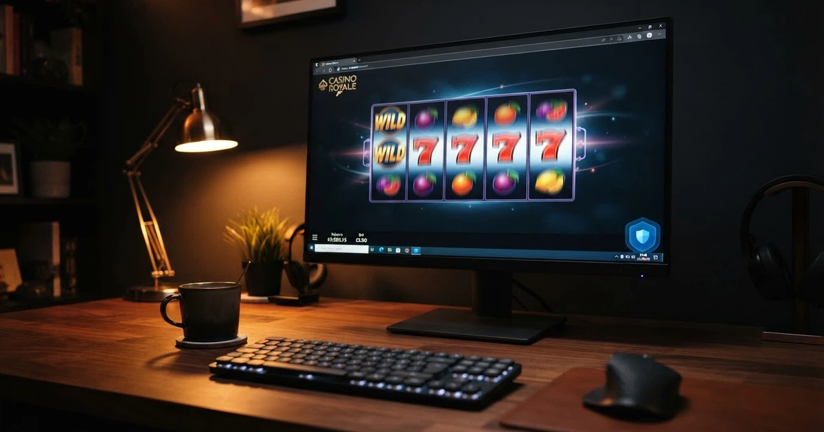Un écran d'ordinateur affichant l'interface d'un casino en ligne, avec une icône de VPN activé dans la barre des tâches et un drapeau français en arrière-plan