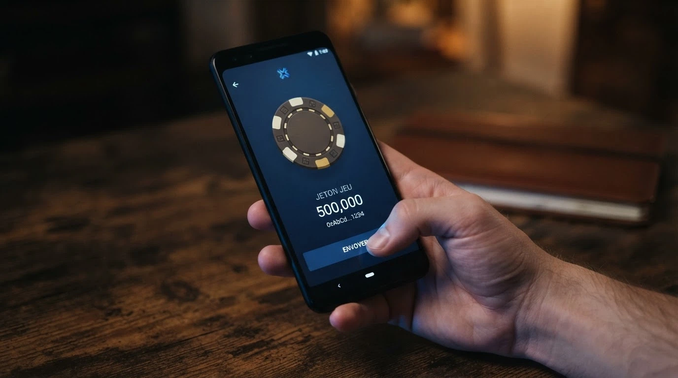 Un écran de smartphone affichant un portefeuille crypto (MetaMask) prêt à déposer sur un casino en ligne